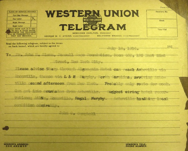 Telegram from Sharp to John C. Campbell July 18, 1916